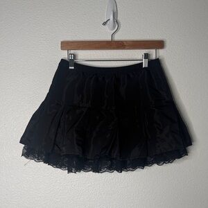 Womens Black Micro Mini Skirt Floral Lace Trim Shiny Medium Whimsigoth Festival